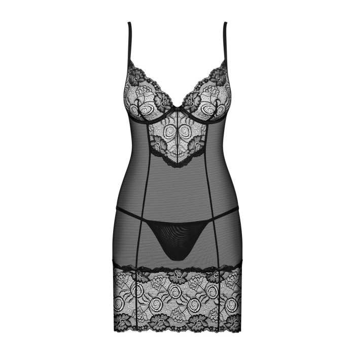Сорочка Obsessive Alluria chemise & thong, S/M, чорна, мереживо+мікросітка, стрінги в комплекті