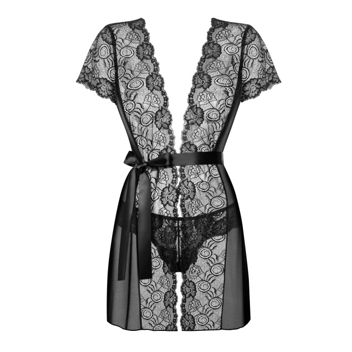 Пеньюар Obsessive Alluria peignoir & thong, L/XL, прозорий, з мереживом, пояс, трусики в комплекті