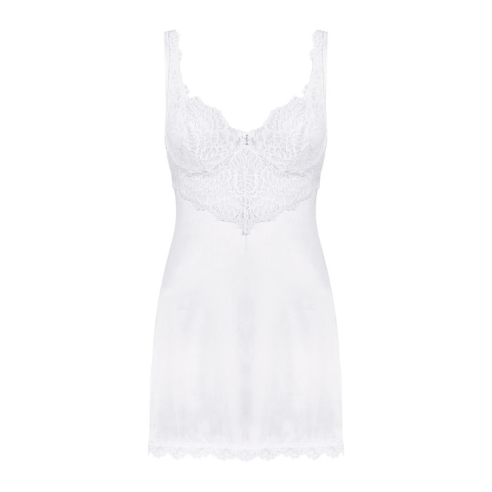 Сорочка Obsessive Amor Blanco underwire chemise & thong, S/M, біла, мереживний ліф, стрінги в наборі