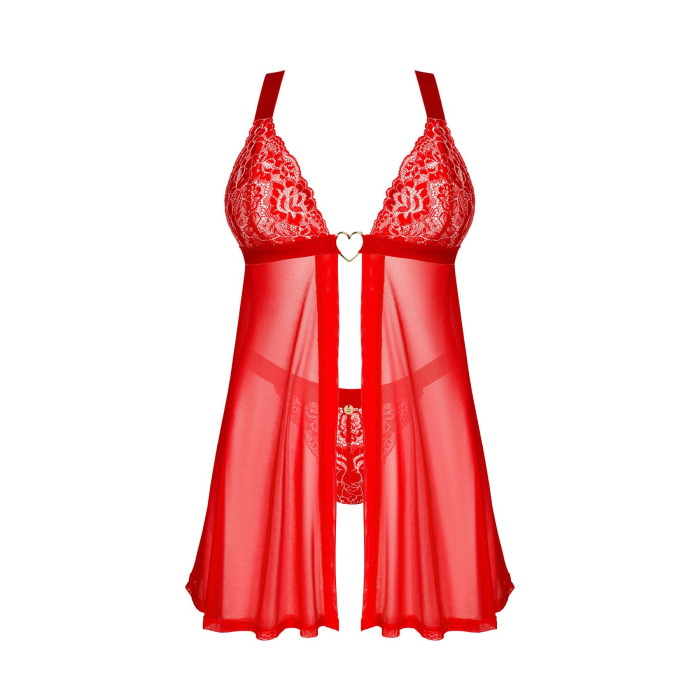 Бебі-дол Obsessive Elianes babydoll & thong, XL/2XL, червоний, мереживний ліф, трусики-танга в наборі