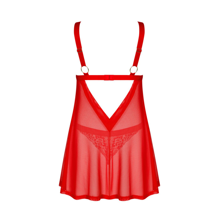 Бебі-дол Obsessive Elianes babydoll & thong, XL/2XL, червоний, мереживний ліф, трусики-танга в наборі