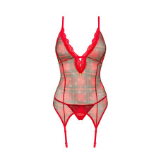 Корсет Obsessive Jollymore corset, XS/S, у клітинку, з мереживом, пажі для панчіх, стрінги в комплекті