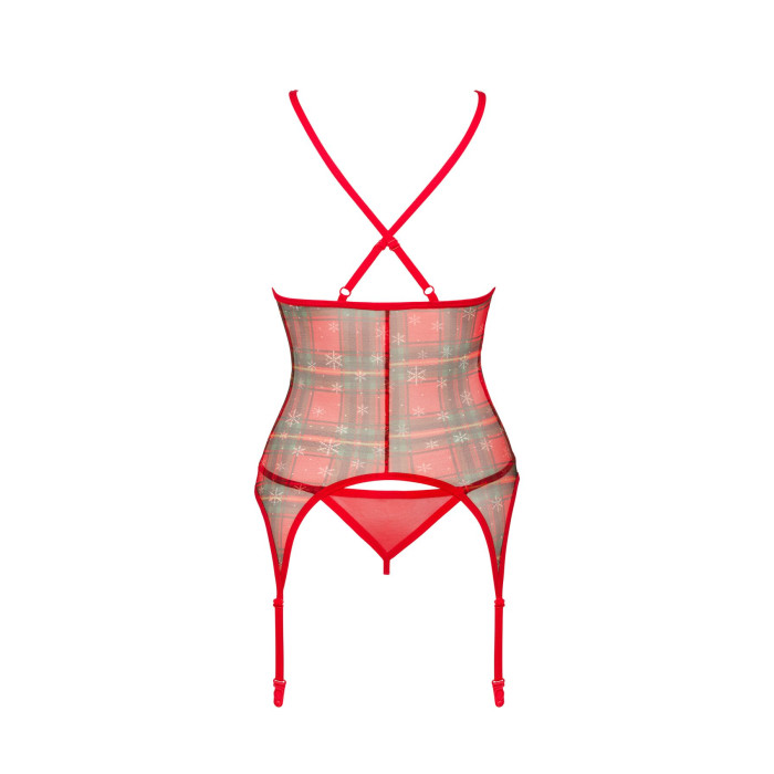 Корсет Obsessive Jollymore corset, M/L, у клітинку, з мереживом, пажі для панчіх, стрінги в комплекті