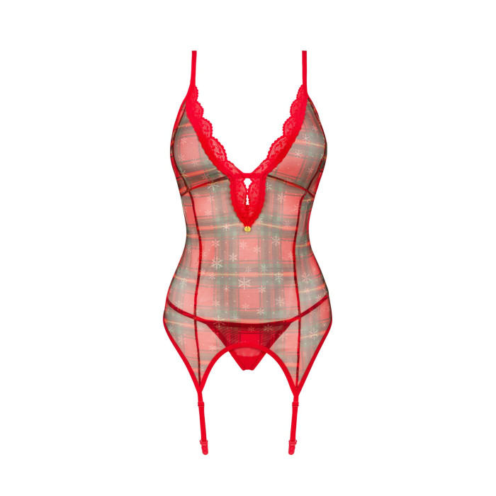 Корсет Obsessive Jollymore corset, XL/2XL, у клітинку, з мереживом, пажі для панчіх, стрінги в комплекті