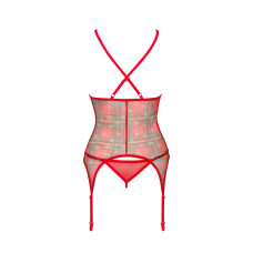 Корсет Obsessive Jollymore corset, XL/2XL, у клітинку, з мереживом, пажі для панчіх, стрінги в комплекті