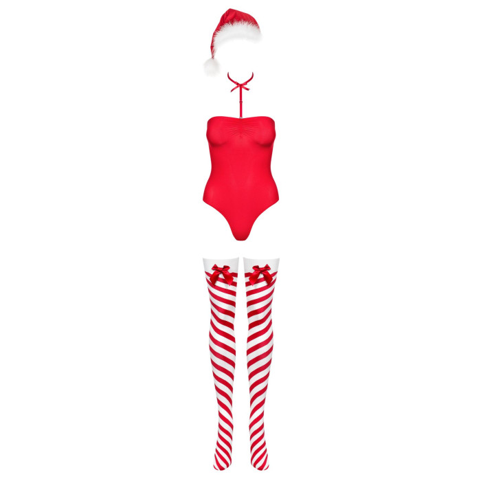 Тедді Obsessive Kissmas teddy, S/M, червоне, без бретелей, чокер, панчохи та шапка з помпоном у наборі