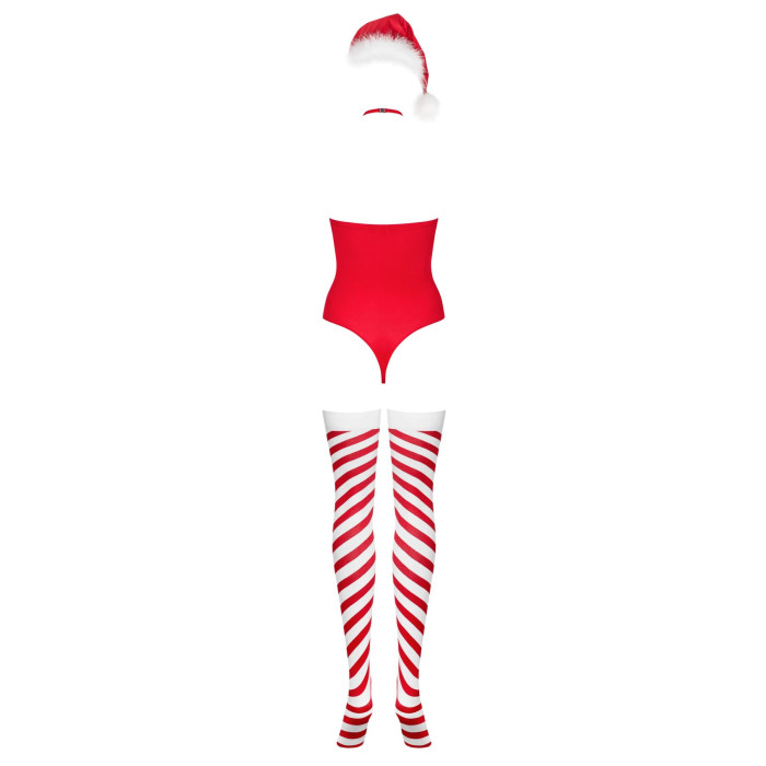 Тедді Obsessive Kissmas teddy, S/M, червоне, без бретелей, чокер, панчохи та шапка з помпоном у наборі
