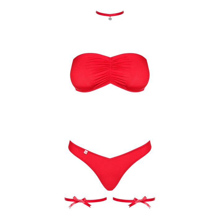 Комплект Obsessive Kissmas Set, L/XL, червоний, м’який ліф, трусики зі збіркою, чокер та гартери