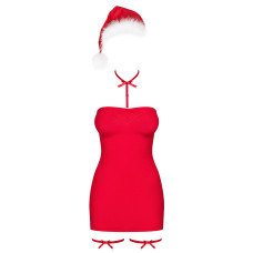 Новорічна сорочка Obsessive Kissmas chemise 2XL/3XL, червона, чокер, гартери та шапочка з помпоном