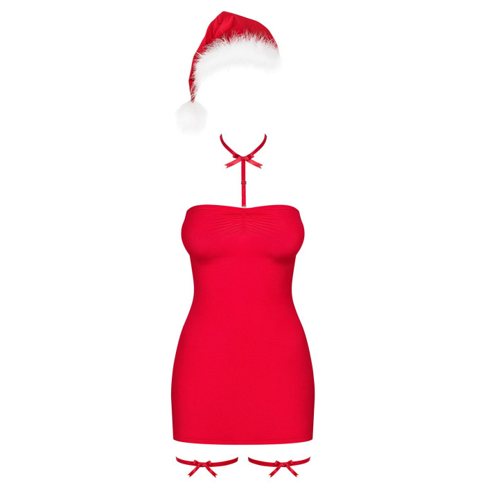 Новорічна сорочка Obsessive Kissmas chemise 2XL/3XL, червона, чокер, гартери та шапочка з помпоном