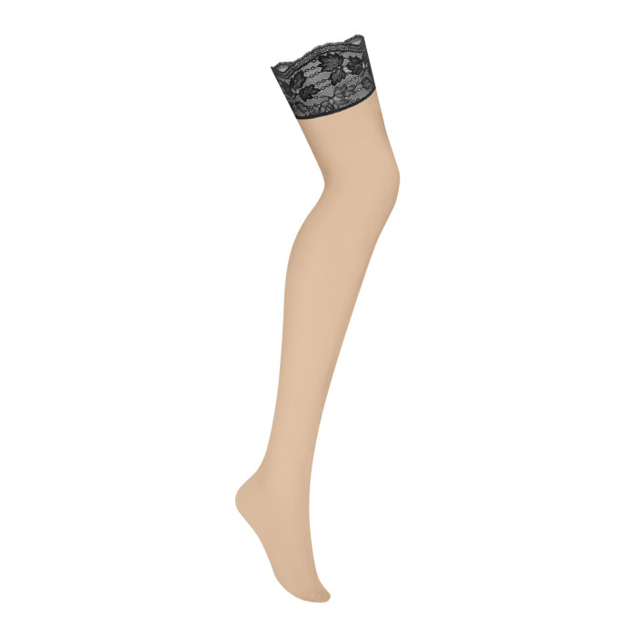 Панчохи Obsessive Nutris stockings, XL/2XL, тілесні, з чорним мереживом, під пояс