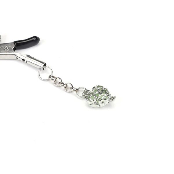 Затискачі для сосків із сердечком Liebe Seele Glow-in-dark Nipple Clamps Green, світяться в темряві