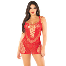 Еротична мінісукня Leg Avenue Lace and Net Mini Dress, Red, One Size, ажурна, відкрита спина