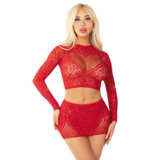 Блискучий комплект кроп-топ і спідниця Leg Avenue Rhinestone One Size, Red, довгий рукав