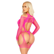 Бодістокінг Leg Avenue Fishnet Garter Harness and Teddy One Size Neon Pink